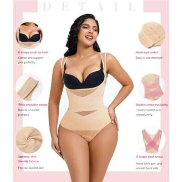 Nebility Thong Shapewear Bodysuit for Women Tummy Control Body Shaper Faja Seamless Waist Trainer Corset Stomach Girdles(X-Large,Beige Thong)