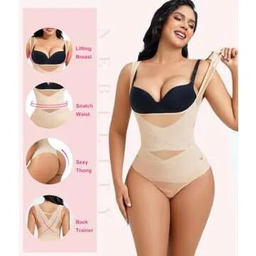 Nebility Thong Shapewear Bodysuit for Women Tummy Control Body Shaper Faja Seamless Waist Trainer Corset Stomach Girdles(X-Large,Beige Thong)