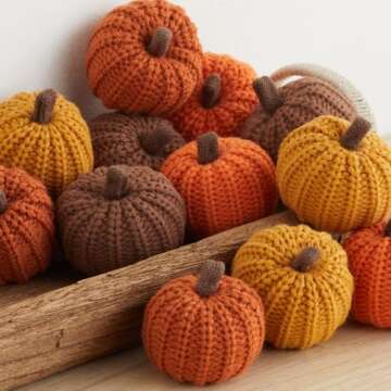 Knit pumpkins set of 12, mini pumpkin decor, orange pumpkim bowl fillers for fall, gold pumpkins for garland, Thanksgiving tablescape, brown (Mini Orange Set 12)