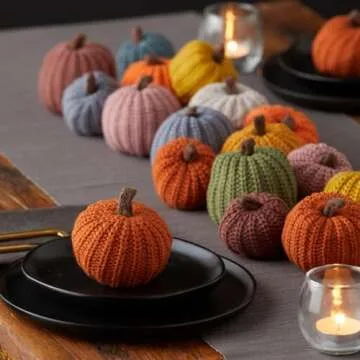 Knit pumpkins set of 12, mini pumpkin decor, orange pumpkim bowl fillers for fall, gold pumpkins for garland, Thanksgiving tablescape, brown (Mini Orange Set 12)