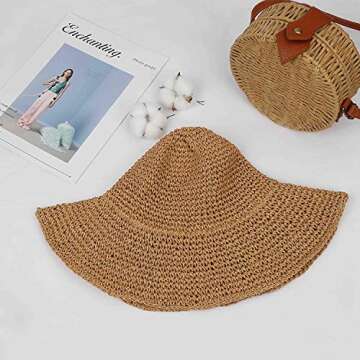 Women Straw Hat Wide Brim Beach Sun Cap Foldable Large Lady Floppy 100% Natural Paper Braided for Tr...