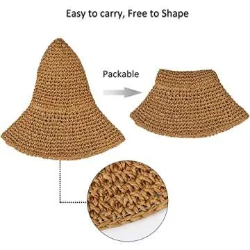 Women Straw Hat Wide Brim Beach Sun Cap Foldable Large Lady Floppy 100% Natural Paper Braided for Travel Decoration Summer Vacation Soft Lightweight and Breathable (Brown)