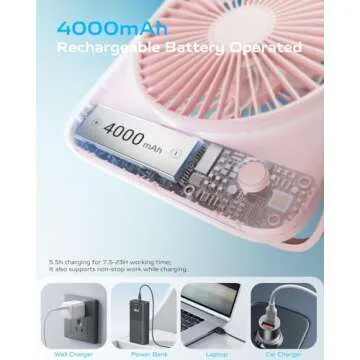 Otlonpe Desk Fan Rechargeable Portable Fan, 4000mAh Battery Operated Personal Silent Table Fan, 6.5 Inch Small Travel Fan with Power Bank, 4 Speeds Desktop Fan for Bedroom Home Office Outdoor, Pink
