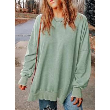 SHEWIN Sweatshirt for Women Loose Fit Casual Long Sleeve Lightweight Pullover Tops Loose Crewneck Sweatshirts Fall Outfits Women Trendy,US 8-10(M),Light Green