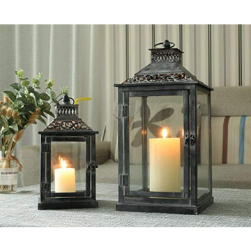 JHY DESIGN Set of 2 Antique Grey Brush Decorative Lanterns Metal Candle Lanterns for Indoor Outdoor ...