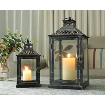 JHY DESIGN Antique Grey Brush Lanterns - Set of 2 Vintage Metal Candle Lanterns for Indoor Outdoor E...