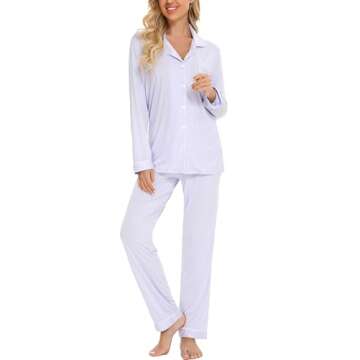 Leikar Button Up Pajama Set For Women Long Sleeve Shirt And Pajama Pants Soft Pjs Lounge Sets L Light Purple