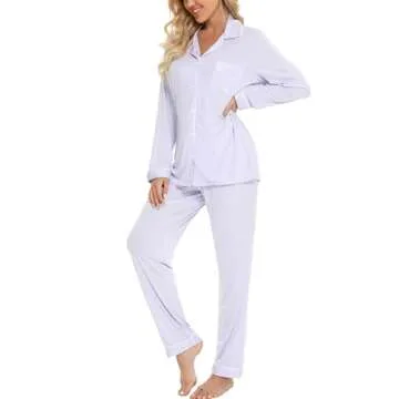 Leikar Button Up Pajama Set For Women Long Sleeve Shirt And Pajama Pants Soft Pjs Lounge Sets L Light Purple