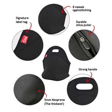 yookee home Black Lunch Bag, Insulated Lunch Box, Thick and Reusable Thermal Lunch Tote Bag, Small Neoprene Lunchbags with Zipper for Adults Kids Nurse Teacher School Work Outdoor Travel Picnic