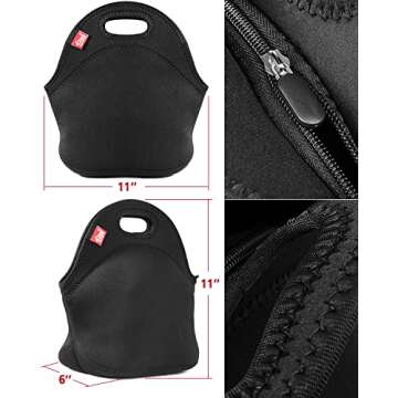 yookee home Black Lunch Bag, Insulated Lunch Box, Thick and Reusable Thermal Lunch Tote Bag, Small Neoprene Lunchbags with Zipper for Adults Kids Nurse Teacher School Work Outdoor Travel Picnic