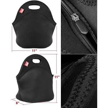 yookee home Black Lunch Bag, Insulated Lunch Box, Thick and Reusable Thermal Lunch Tote Bag, Small Neoprene Lunchbags with Zipper for Adults Kids Nurse Teacher School Work Outdoor Travel Picnic