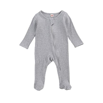 One Opening Newborn Baby Boy Girl Zipper Footies Pajamas Pjs Ribbed Solid Long Sleeve Romper Jumpsui...