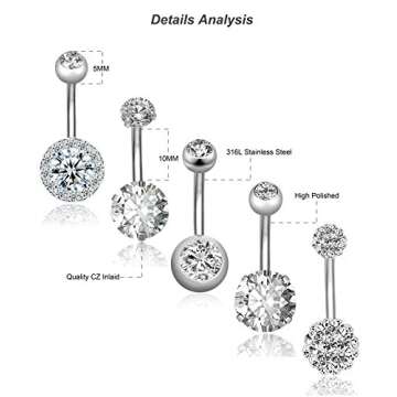 REVOLIA 14G Stainless Steel Belly Button Rings for Women Navel Rings CZ Body Piercing