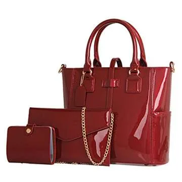 Yan Show Women's 3pcs Handbags Patent Leather Fashion Shoulder Bag Large Capacity Handbag (Wine Red)