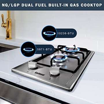 Karinear 12" Gas Cooktop 2 Burners, Drop-in Portable Stainless Steel Gas Stove Top for LPG/NG Dual F...
