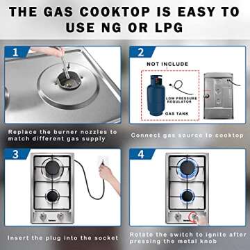 Karinear 12" Gas Cooktop 2 Burners, Drop-in Portable Stainless Steel Gas Stove Top for LPG/NG Dual Fuel, 2 Burner Propane Cooktop with FFD, Gas Hob for RV, Kitchen, Apartment, Outdoor, Easy to Clean