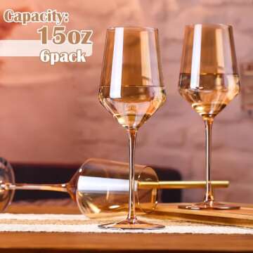 Physkoa Amber Wine Glasses Set of 6-15oz Hand-Blown Long Stem Wine Glasses Unique Wine Glasses Gift For Bar Party Christmas