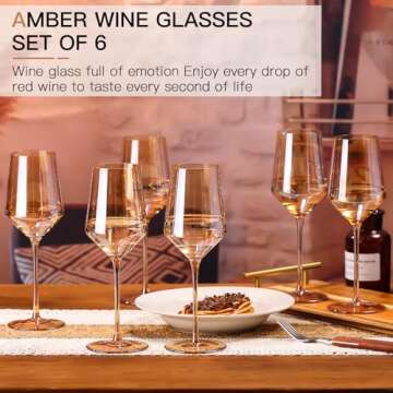 Physkoa Amber Wine Glasses Set of 6-15oz Hand-Blown Long Stem Wine Glasses Unique Wine Glasses Gift For Bar Party Christmas