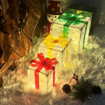 Set of 3 Christmas Lighted Boxes Decorations Indoor Outdoor, 60 LED Christmas Light Up Present Box w...