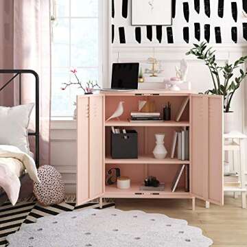 REALROOMS Shadwick 2 Door Metal Locker Style Accent Storage Cabinet, Pink