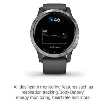 Garmin 010-02174-01 vivoactive 4, GPS Smartwatch, Features Music, Body Energy Monitoring, Animated Workouts, Pulse Ox Sensors and More, Silver with Gray Band
