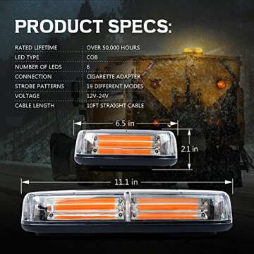 Xprite COB LED Amber Rooftop Strobe Beacon Lights w/Magnetic Base 19 Flashing Pattern, Safety Warning Caution Light for Emergency Construction Vehicles Snowplow Trucks Postal Mail Cars