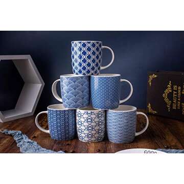 MACHUMA Set of 6 11.5 oz Coffee Mugs with Blue and White Geometric Patterns, Ceramic Tea Cup Set