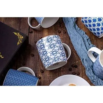 MACHUMA Set of 6 11.5 oz Coffee Mugs with Blue and White Geometric Patterns, Ceramic Tea Cup Set