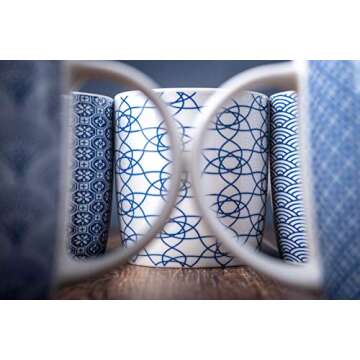 MACHUMA Set of 6 11.5 oz Coffee Mugs with Blue and White Geometric Patterns, Ceramic Tea Cup Set