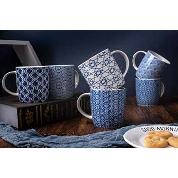 MACHUMA Set of 6 11.5 oz Coffee Mugs with Blue and White Geometric Patterns, Ceramic Tea Cup Set