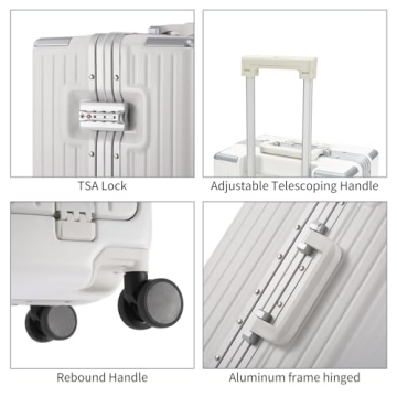 YUNASAY Aluminium Frame Carry on Luggage with Spinner Wheels and TSA Lock, PC Hardside Suitcase with Front Pocket, USB Port, Cup Holder& Phone Holder(White, 20 inch)