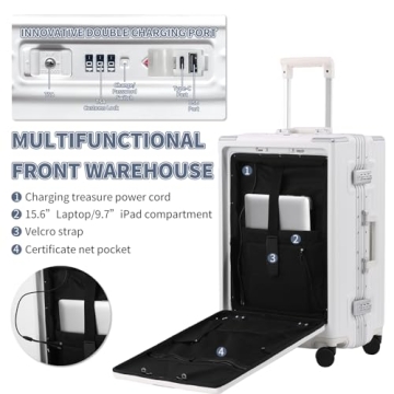 YUNASAY Aluminium Frame Carry on Luggage with Spinner Wheels and TSA Lock, PC Hardside Suitcase with Front Pocket, USB Port, Cup Holder& Phone Holder(White, 20 inch)