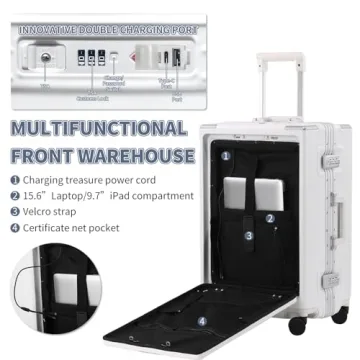 YUNASAY Aluminium Frame Carry on Luggage with Spinner Wheels and TSA Lock, PC Hardside Suitcase with Front Pocket, USB Port, Cup Holder& Phone Holder(White, 20 inch)