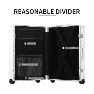 YUNASAY Aluminium Frame Carry on Luggage with Spinner Wheels and TSA Lock, PC Hardside Suitcase with Front Pocket, USB Port, Cup Holder& Phone Holder(White, 20 inch)