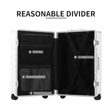 YUNASAY Aluminium Frame Carry on Luggage with Spinner Wheels and TSA Lock, PC Hardside Suitcase with Front Pocket, USB Port, Cup Holder& Phone Holder(White, 20 inch)