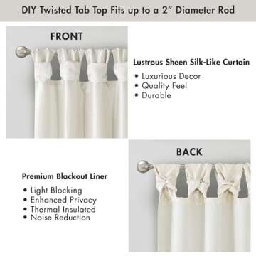 Madison Park Emilia Faux Silk Single Curtain with Privacy Lining, DIY Twist Tab Top, Window Drape for Living Room, Bedroom and Dorm, 108"L x 50"W, White