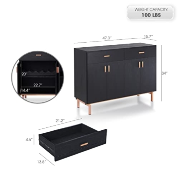 Brysin Modern Buffet Server with Wine Holder Black Rose Gold