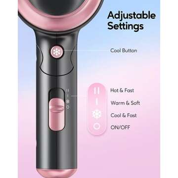 Wavytalk Portable Hair Dryer with Diffuser, Foldable Mini Hair Dryer with Lightweight Design, 1600W Small Hair Blow Dryer with Diffuser for Curly Hair Fast Drying, Rose Pink