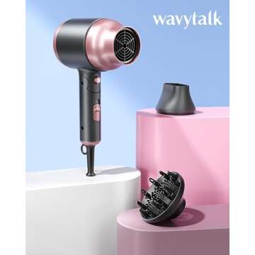 Wavytalk Portable Hair Dryer with Diffuser, Foldable Mini Hair Dryer with Lightweight Design, 1600W Small Hair Blow Dryer with Diffuser for Curly Hair Fast Drying, Rose Pink