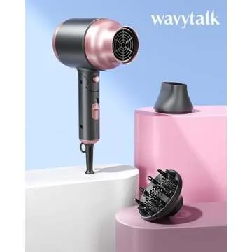 Wavytalk Portable Hair Dryer with Diffuser, Foldable Mini Hair Dryer with Lightweight Design, 1600W Small Hair Blow Dryer with Diffuser for Curly Hair Fast Drying, Rose Pink