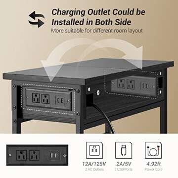 WASAGUN End Table with Charging Station & USB Ports, Side Table with Pull Down Drawer & Storage Shelf Nightstand for Living Room Bedroom,Black