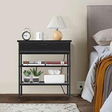 WASAGUN End Table with Charging Station & USB Ports, Side Table with Pull Down Drawer & Storage Shelf Nightstand for Living Room Bedroom,Black