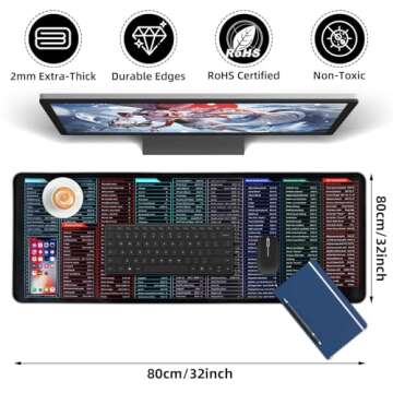 Quick Key Keyboard Mouse Pad, Non-Slip Desk Mat with Office Software Shortcuts Pattern, Upgraded Extended Large Rubber Base Mice Smooth Cloth Mouse Pad Desk Mat