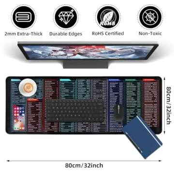 Quick Key Keyboard Mouse Pad, Non-Slip Desk Mat with Office Software Shortcuts Pattern, Upgraded Extended Large Rubber Base Mice Smooth Cloth Mouse Pad Desk Mat