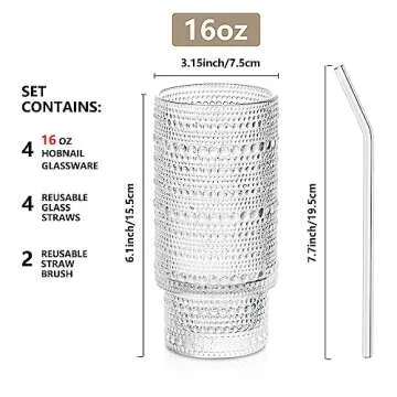 SoulTimes 16oz Hobnail Drinking Glasses Set of 4, Stackable Glass Cups With Glass Straws, Aesthetic ...