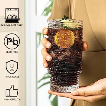 SoulTimes 16oz Hobnail Drinking Glasses Set of 4, Stackable Glass Cups With Glass Straws, Aesthetic Cocktail Glasses, Vintage Iced Coffee Cup, Thick Glass Beer Glasses, for Bar Beverages,Juice,Water