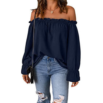 Spriolim Women's Off Shoulder Cute Tops Casual Long Sleeve Ruffle Chiffon Shirt Blouses Navy Blue, S...