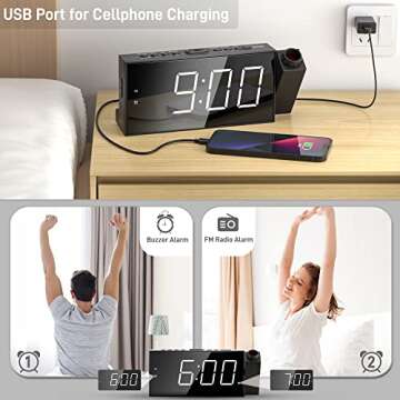 Projection Digital Alarm Clock for Ceiling,Wall,Bedroom - FM Radio,7” Large Number & 5 Dimmers,350°Projector,USB Charger,Sleep Timer,Plug in & Battery Backup,Loud Dual Alarm Clock for Heavy Sleepers