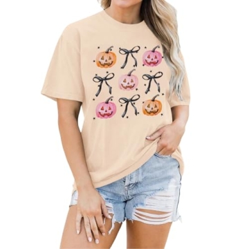 GLIGLITTR Halloween Pumpkin Shirt Women Coquette Bow Graphic Tshirt Spooky Season Outfit Short Sleev...
