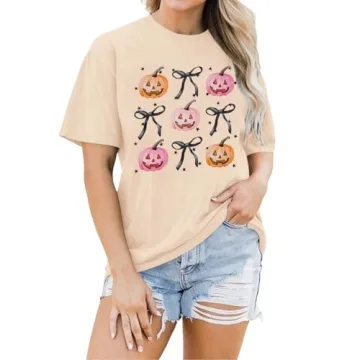 GLIGLITTR Halloween Pumpkin Shirt Women Coquette Bow Graphic Tshirt Spooky Season Outfit Short Sleev...